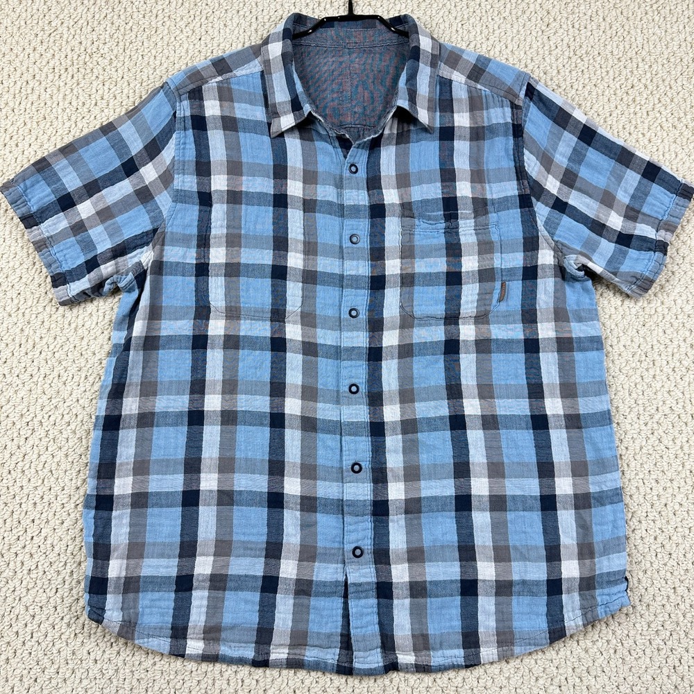 Merrell Breezeway 2.0 Shirt Men XL Denim Blue Plaid Reversible Snap Short Sleeve